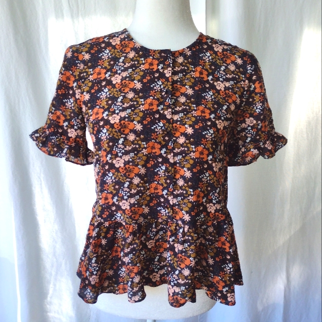 Madewell Floral Peplum Top In Black With Orange & Pink Flowers